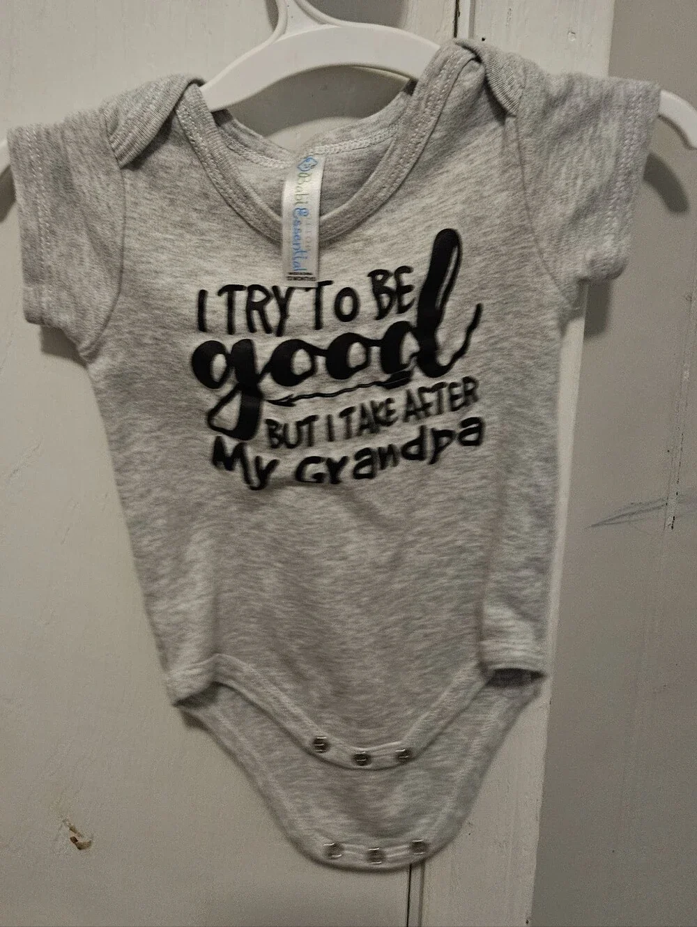 Baby Essentials Gray Short-Sleeve One-Piece Bodysuit - 'I Try To Be Good'